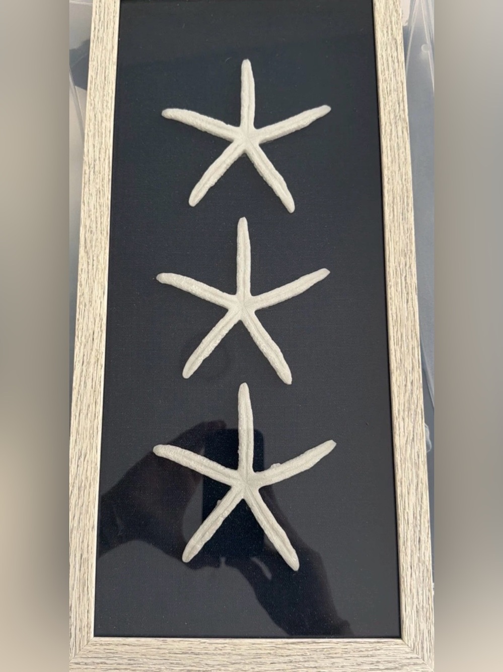 Handcrafted Shadow box w/ 3 starfish on burlap, beige wooden frame W Glass